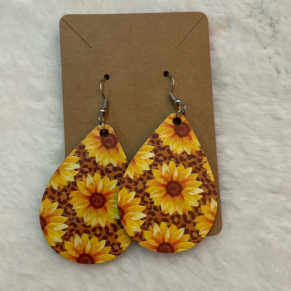 Cheetah Print Sunflower Wooden Earrings